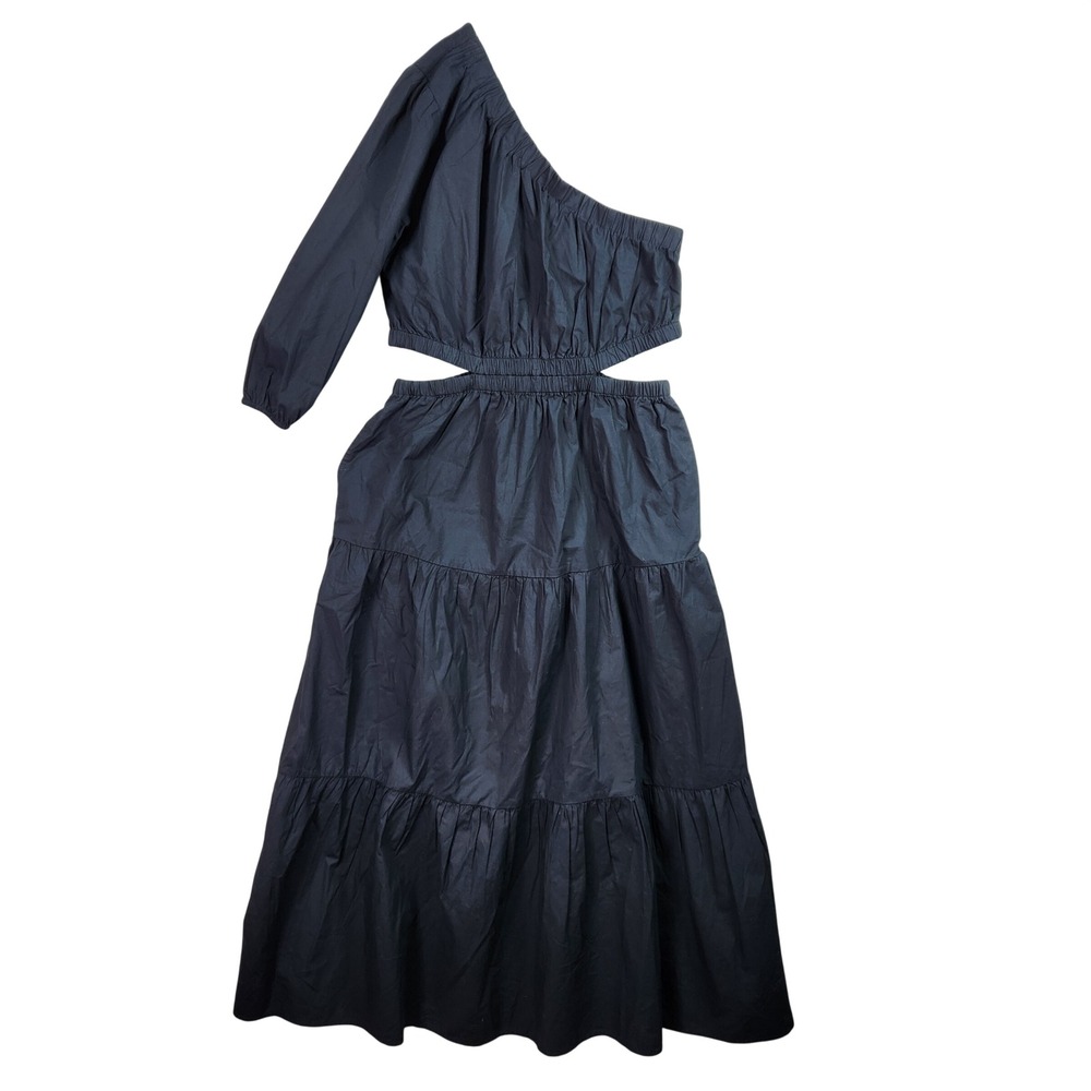 The Drop April Tiered Midi Dress Womens Medium Black Cutout One Shoulder Boho